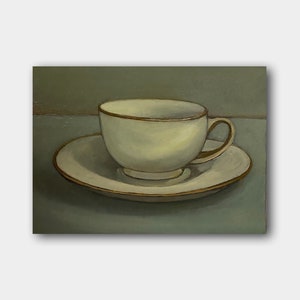 Cup Vintage Original Oil Painting Tableware Wall Art Drinks Kitchen Decor Tea Appliance Cuppa One of a kind For Her