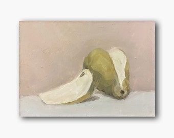 May include: A still life painting of a green pear with a slice of pear on a light pink background.
