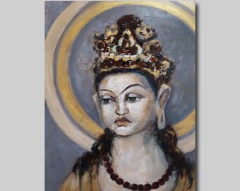 Buddha Original Oil Painting Holy Buddhism Wall Art Spiritual Religious Portrait Icon Room Decor