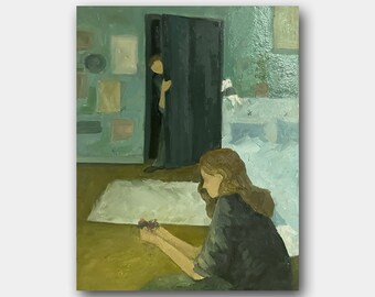 Genre Original Oil Painting Vintage Portrait Wall Art Girl Boyfriend Room Decor Redhead Woman Profile One of a Kind