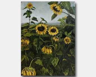 テクスチャのあるインパストひまわりの絵画：ゴッホ風のキャンバスに