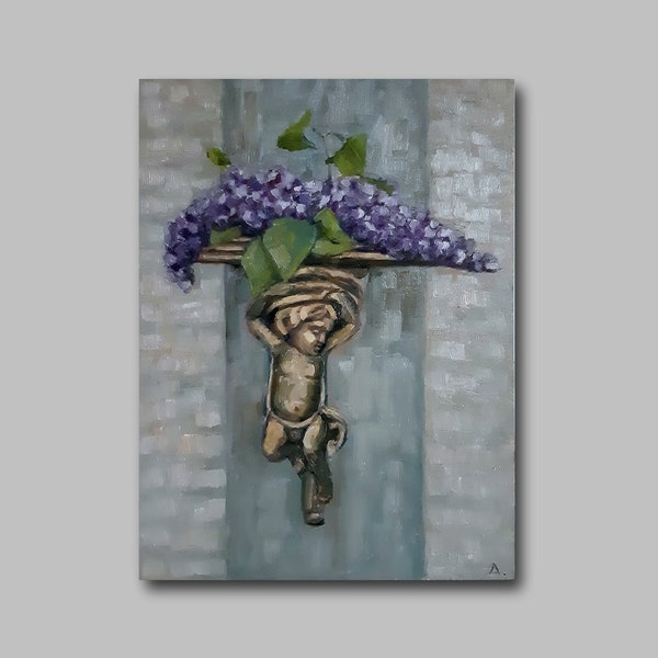 Angel Original Oil Painting Flowers Wall Art Lilac Celestial Room Decor Memorable Gift For Her