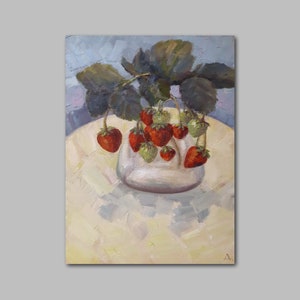 Tableau original bouquet de fraises, art mural journée ensoleillée, goût de l'été, tableau fraise, tableau moderne vif, décoration murale, idée cadeau