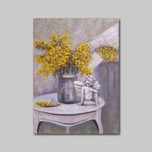Original painting angel, tsavety wall art, mimosa, ukrainian painting, expressionism, white angel, modern, vintage painting, collectible art