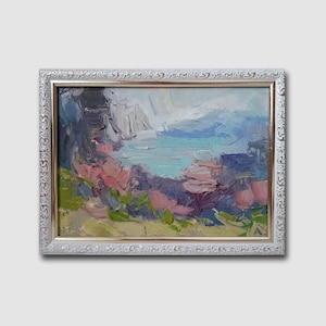 Framed Painting Landscape Mountains Original Oil Painting Mountain Lake Wall Art Wildlife Pink Flowers