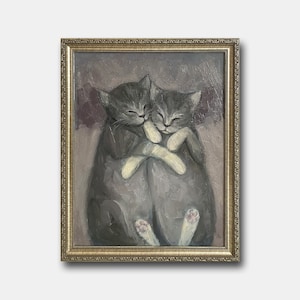 Cute Kitties Original Oil Painting Framed Couple Cats Wall Art Love Two Animals Pet Portrait Room Decor Tenderness For Her Ukrainian Artist