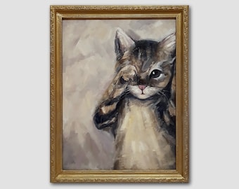 Tabby Cat Original Framed Oil Painting Portet Bird Cat Wall Art Animals Cute Cat Memorable Gift For Her