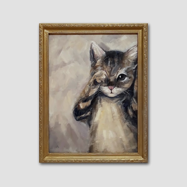 Tabby Cat Original Framed Oil Painting Portet Bird Cat Wall Art Animals Cute Cat Memorable Gift For Her