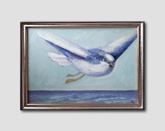 Seagull Original Framed Oil Painting Ocean Wall Art Seascape Flying Bird Landscape Nature A Gift To Friend For Her