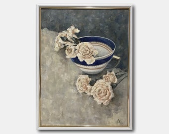 Carnations Original Oil Painting: Floral Still Life Framed Art (16x12 in)