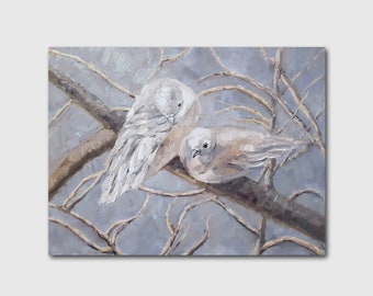 White doves original oil painting, couple of birds wall art, birds in love, couple of white birds, light bird picture, Ukrainian artist