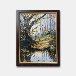 Paisaje vintage pintura al óleo original enmarcado árbol pared arte bosque otoño lago naturaleza habitación decoración artista ucraniano