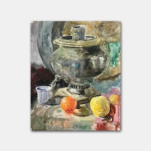 Antico dipinto originale Acquerello Samovar Wall Art Vintage Still Life Orange Apple Cup Tea Gift per lei
