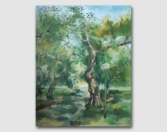 May include: A watercolor painting of a tree with green leaves and a brown trunk. The tree is in a park setting with a path leading to it. There is a streetlight in the background.