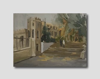 Vintage Cityscape Original Oil Painting: Old Town Architecture, 1980s