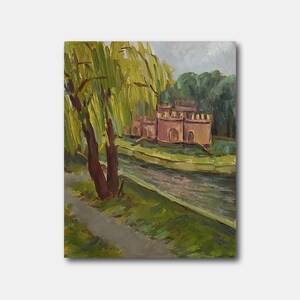 May include: A painting depicting a red brick building with a moat and a weeping willow tree in the foreground. The building has a rounded roof and windows. The water in the moat is a light blue colour.