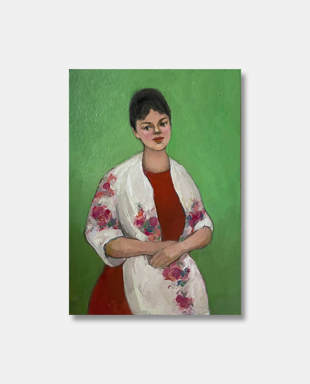 Vintage Female Portrait Original Oil Painting | Girl in White Scarf Art ...