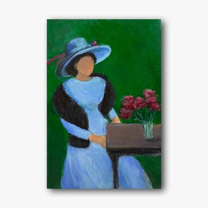 Retrato abstrato vintage original pintura a óleo mulher com chapéu arte de parede senhora retro decoração de quarto flores únicas