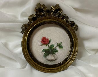 Rosenminiatur Vintage; Original Ölgemälde; Rote Blume; Blumen-Stillleben
