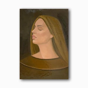 Retrato Vintage Pintura a Óleo Original Linda Mulher Perfil Arte de Parede Mulher Retro Decoração de Quarto Preto Canela Menina Única de Seu Tipo