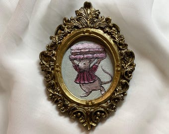 Zabawny szczurek, mała sztuka | Oryginalny obraz olejny z maleńką myszką | Portret zwierzęcia w ozdobnej miniaturze