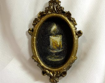 Vela en miniatura vintage / Pintura al óleo original de fuego / Candelabro pequeño de arte ornamentado enmarcado