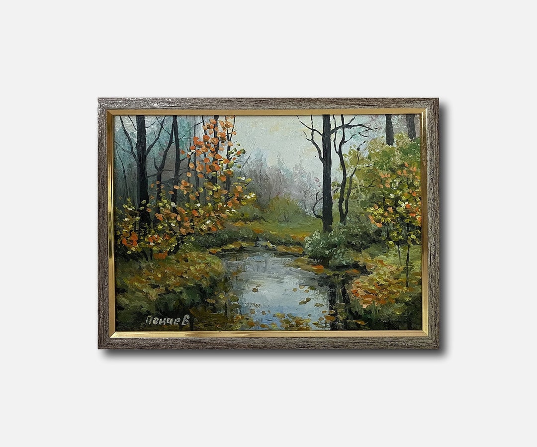Vintage Landscape Original Oil Painting Framed Forest Wall Art Autumn ...