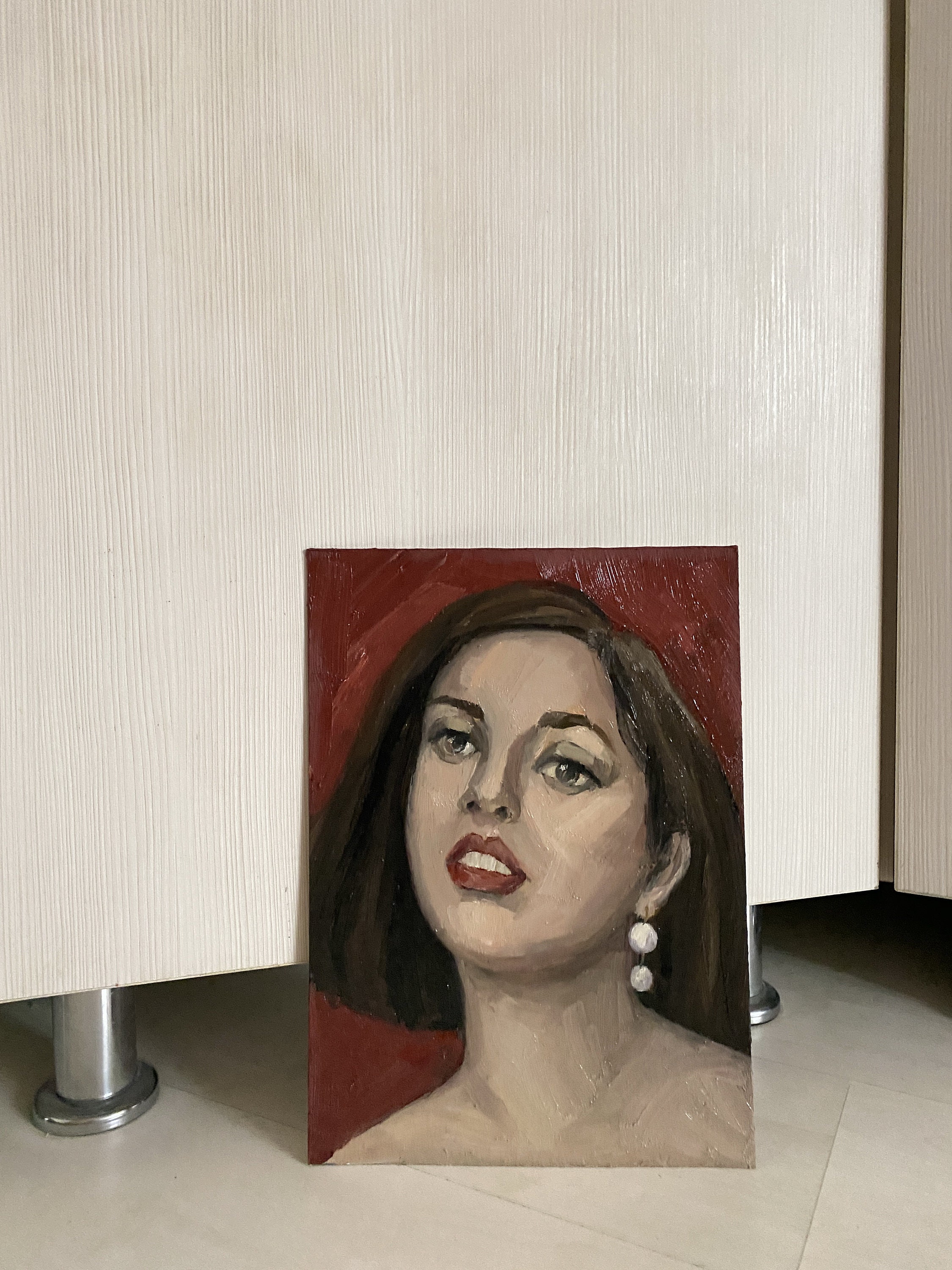 Vintage Female Portrait Original Oil Painting | Retro Red Room Decor - Etsy