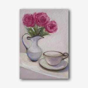 Naturaleza muerta floral vintage original pintura al óleo flores rosas arte de pared taza estilo bohemio decoración de habitación pieza única