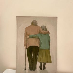 May include: A painting depicting an elderly couple walking hand-in-hand. The man is wearing a brown jacket and the woman is wearing a green jacket and a brown skirt. The painting is executed in a realistic style and conveys a warm, welcoming atmosphere.
