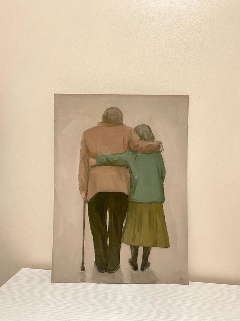 May include: A painting depicting an elderly couple walking hand-in-hand. The man is wearing a brown jacket and the woman is wearing a green jacket and a brown skirt. The painting is executed in a realistic style and conveys a warm, welcoming atmosphere.