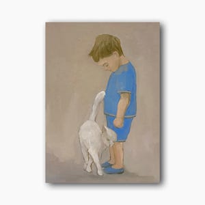 Criança com gatinho pintura a óleo original menino arte de parede gato branco decoração de quarto de berçário bebê presente memorável