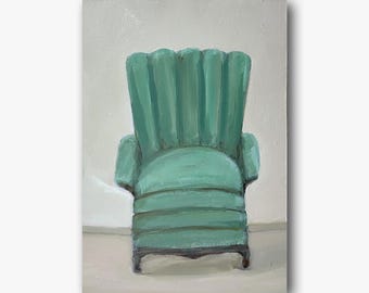 May include: An oil painting of a teal armchair with a high, scalloped back. The chair has a rounded seat and armrests, and sits on dark brown legs. The background is a neutral off-white.