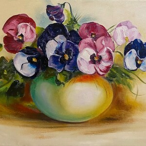 May include: A painting of a bouquet of purple, pink, and white pansies in a green vase. The pansies are arranged in a loose, natural way, and the vase is simple and elegant.