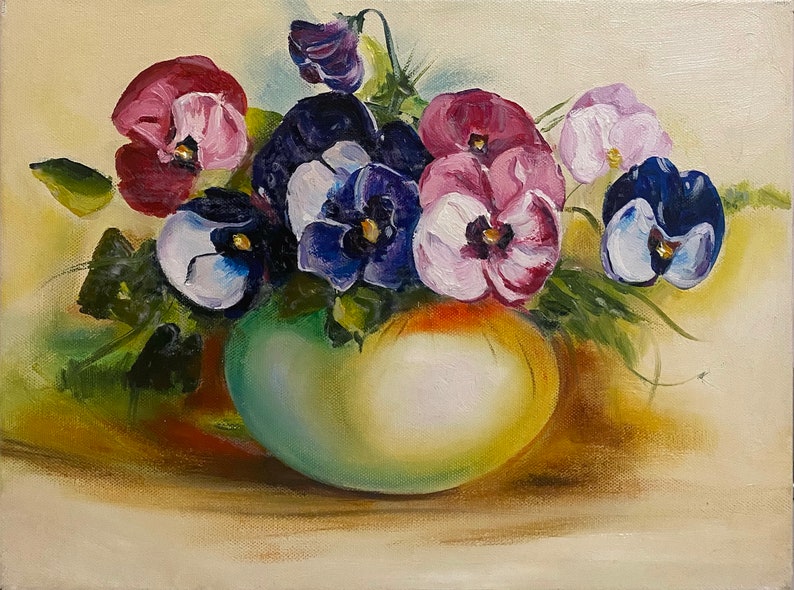 May include: A painting of a bouquet of purple, pink, and white pansies in a green vase. The pansies are arranged in a loose, natural way, and the vase is simple and elegant.
