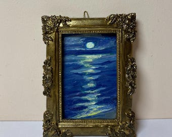 Paisaje marino nocturno, pintura al óleo original, arte vintage en miniatura a la luz de la luna, luna pequeña en el océano