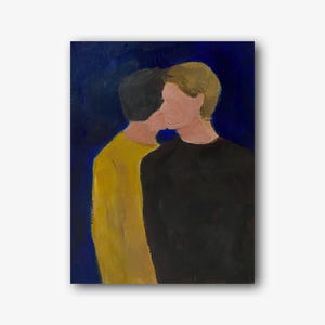 Pintura a óleo original de dois homens, retrato abstrato, arte de parede, decoração de quarto masculino, amigos, presente memorável