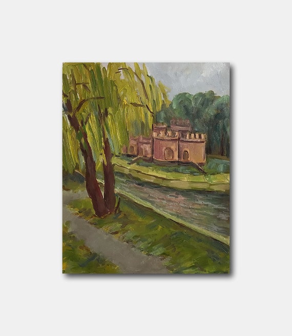 Landscape Vintage Original Oil Painting Castle Wall Art Tree Pond Park Room Decor Ukrainian Artist