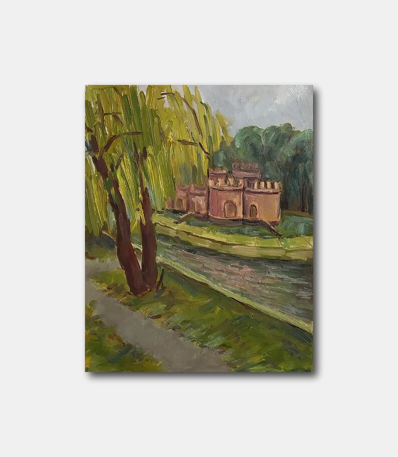 May include: A painting depicting a red brick building with a moat and a weeping willow tree in the foreground. The building has a rounded roof and windows. The water in the moat is a light blue colour.