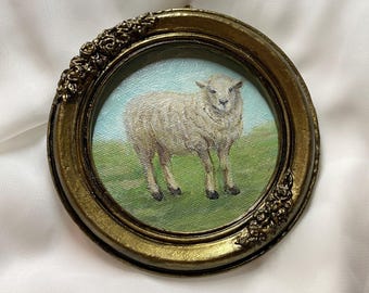 Sheep Art Vintage | Lamb Original Oil Painting | Animal Artwork Framed