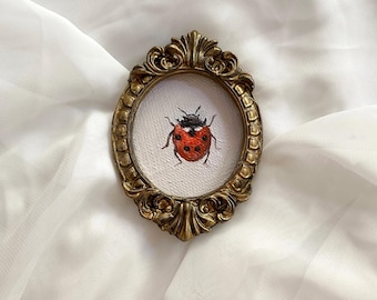 Mariquita miniatura vintage original pintura al óleo insecto pequeño arte