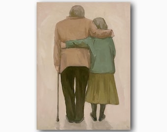 Elderly Couple Original Painting Love Wall Art Family Room Decor Happiness Together He and She Forever Memento Gift For Her