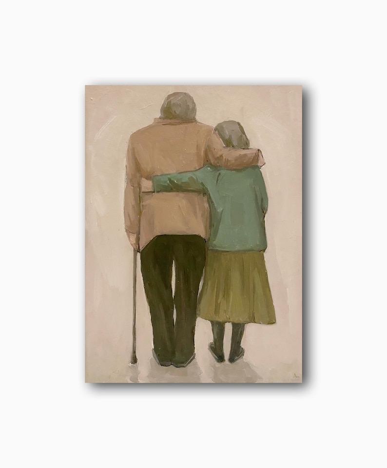May include: A painting of an elderly couple walking hand-in-hand. The man is wearing a brown jacket and the woman is wearing a green jacket and a brown skirt. They are both looking ahead.