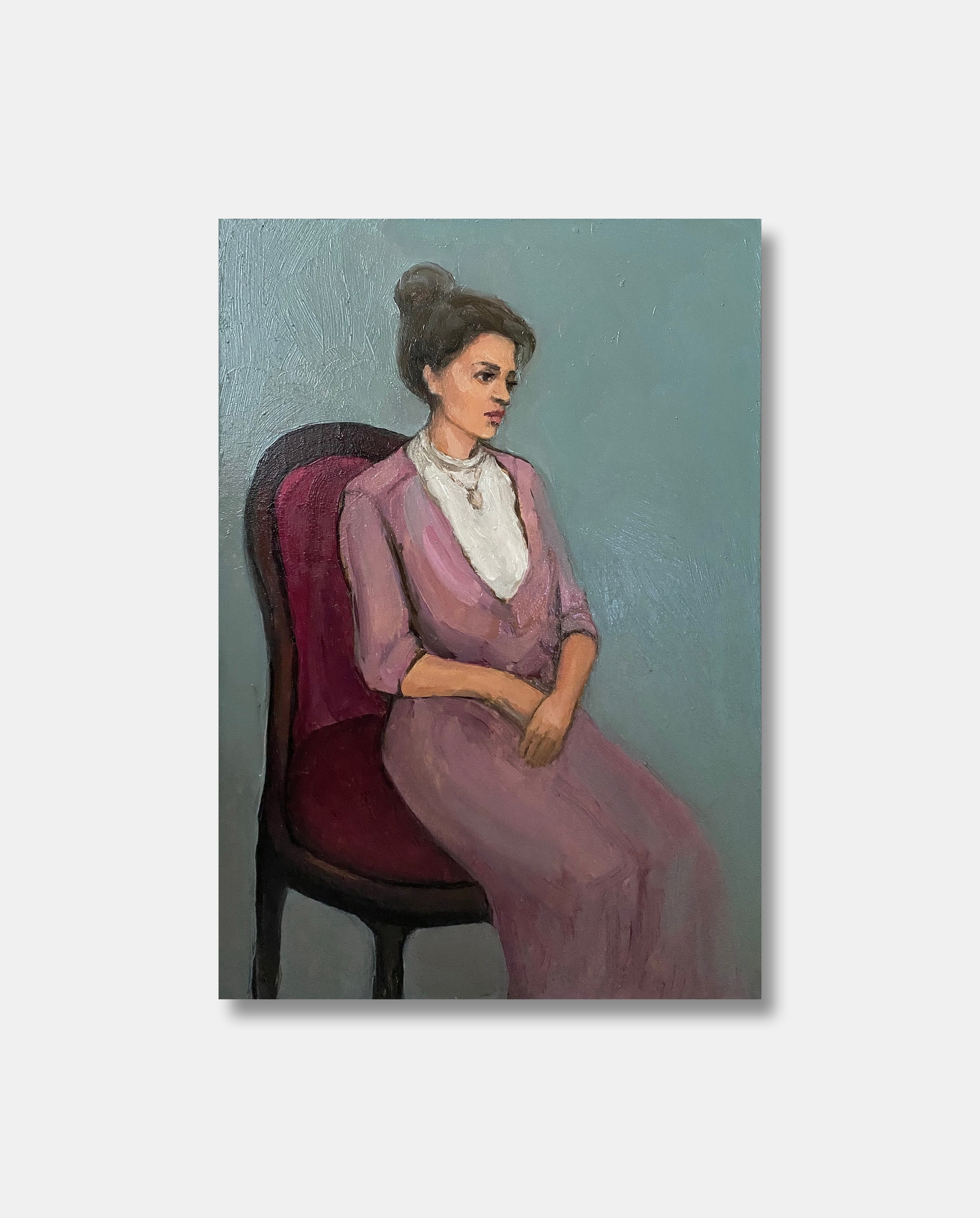 ヴィンテージ女性の肖像画オリジナル油絵：赤い椅子に座る女性 - Etsy 日本