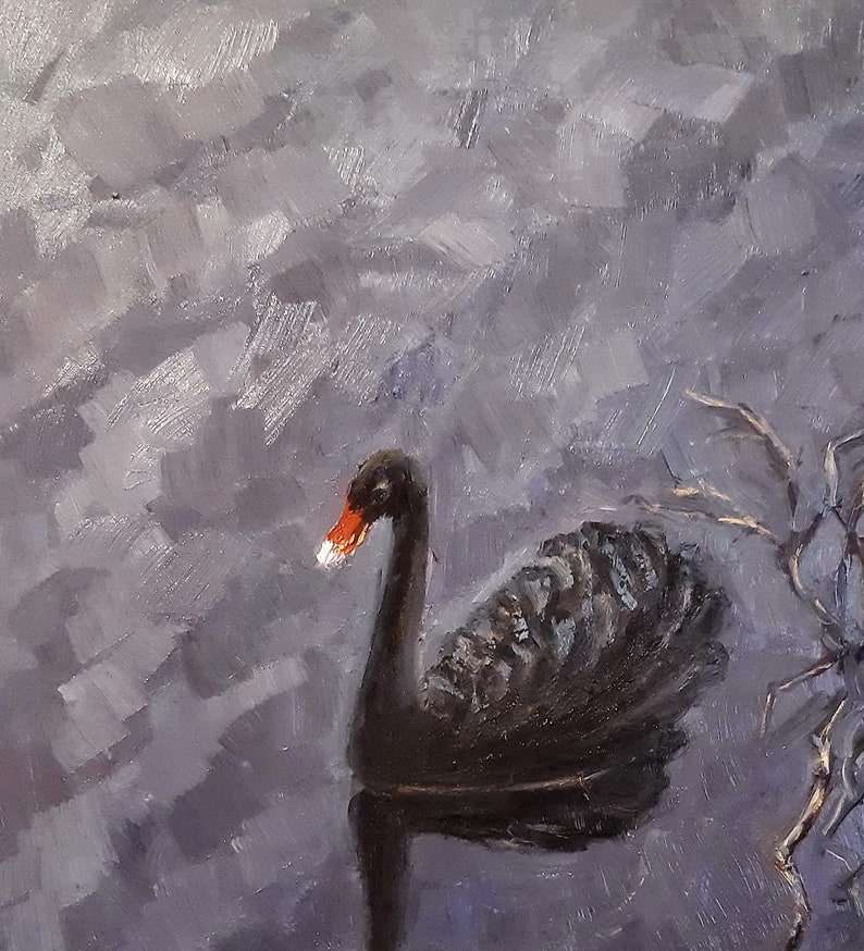 Black Swan Original Oil Painting Swan Wall Art Evening | Etsy