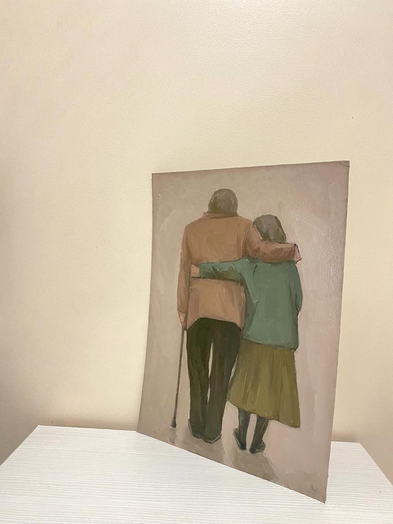 May include: A painting depicting an elderly couple walking hand-in-hand. The man is wearing a brown jacket and the woman is wearing a green jacket and a brown skirt. They are both looking ahead.