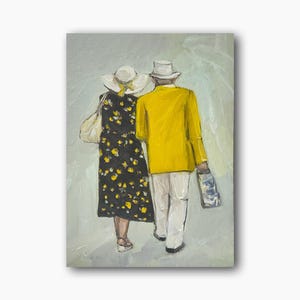 Pintura a óleo original de casal de idosos, arte de parede de amor, cônjuges, decoração de sala de família, retrato, presente memorável