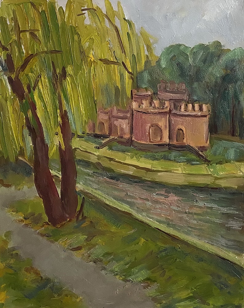 May include: A painting depicting a red brick building with a moat and a willow tree in the foreground. The building features a series of rounded towers and is surrounded by green grass and water.