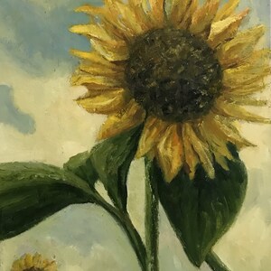 May include: A painting of a sunflower with yellow petals and a dark brown center. The sunflower is against a light blue sky with white clouds. The sunflower is tall and has green leaves.