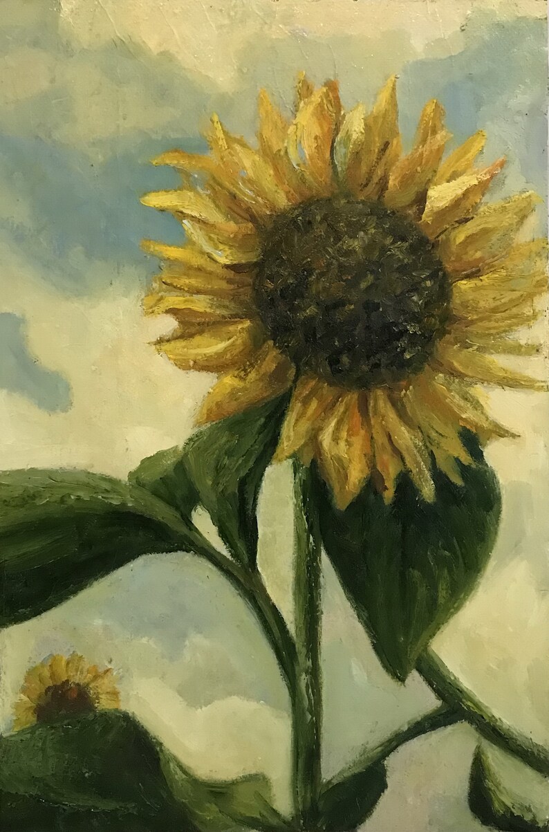 May include: A painting of a sunflower with yellow petals and a dark brown center. The sunflower is against a light blue sky with white clouds. The sunflower is tall and has green leaves.